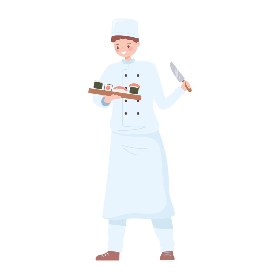 jovem chef segurando rolos de sushi na tábua e na faca vetor