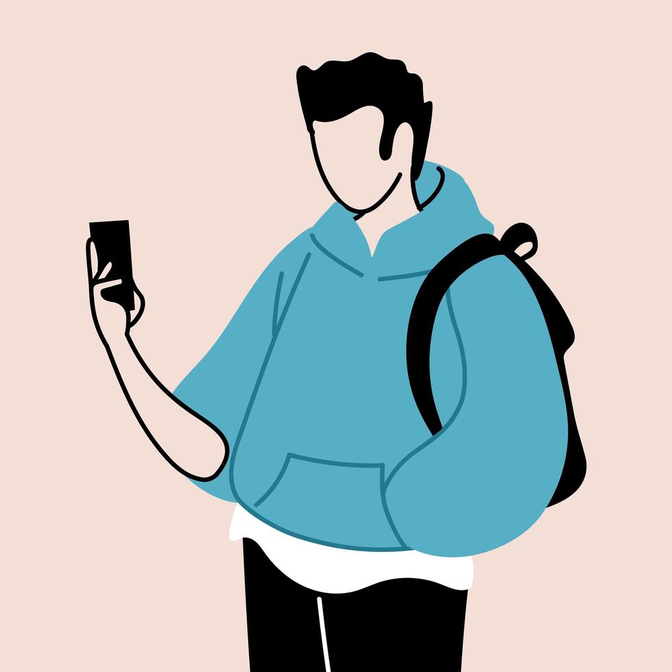 jovem segurando um smartphone na mão vetor