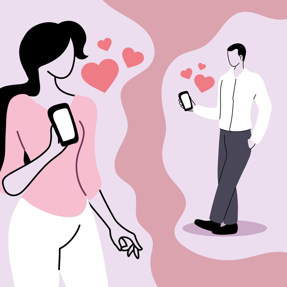 jovem casal com smartphones conversando, relacionamentos virtuais e namoro online vetor