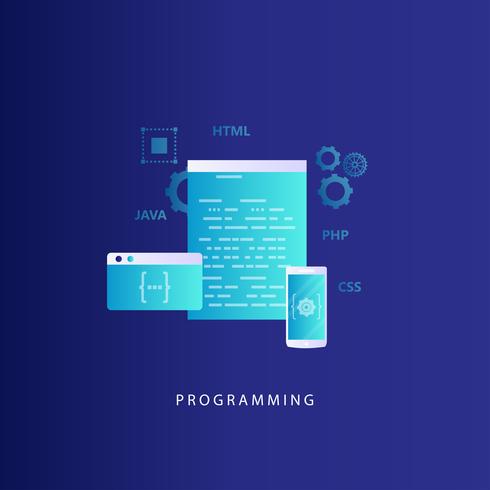 Codificação, programação, website e ilustração em vetor desenvolvimento aplicativo