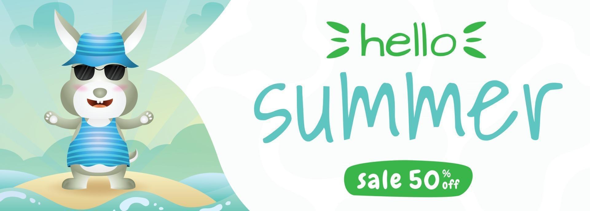 banner de venda de verão com um coelho fofo usando fantasia de verão vetor