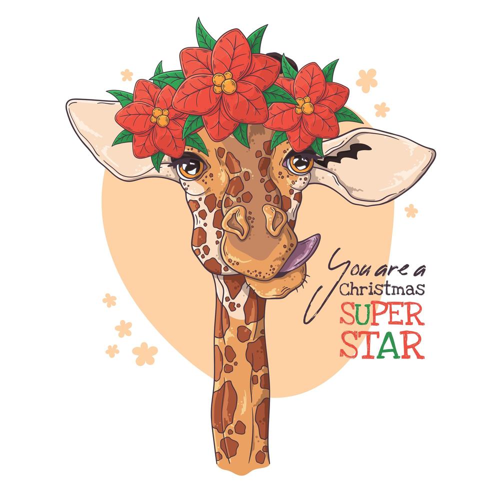 mão desenhado o retrato de girafa com vetor de flores de Natal.