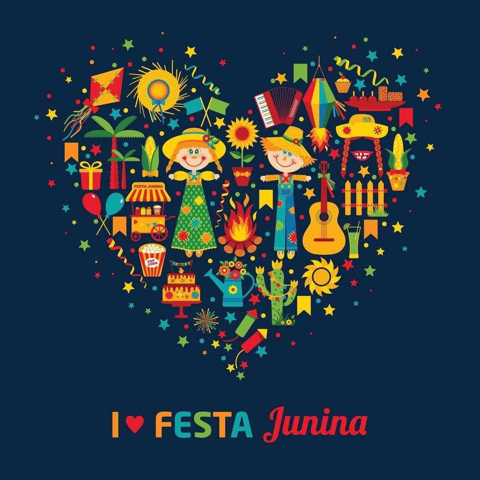 festa junina village festival na américa latina. ícones no coração vetor