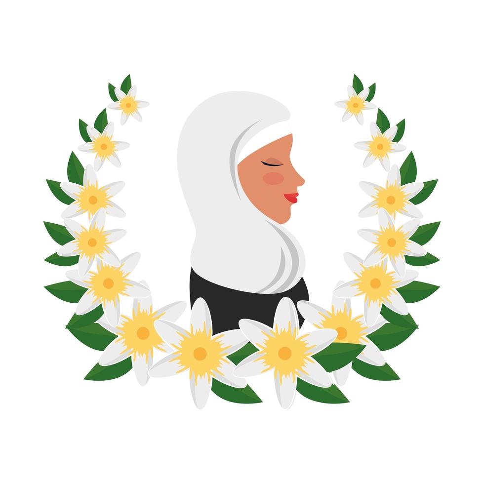 Perfil de mulher islâmica com burca tradicional em guirlanda floral vetor