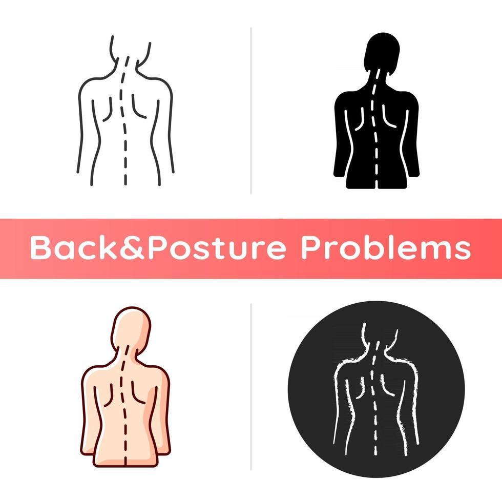 ícone de anormalidades da coluna vertebral. inclinar a cabeça. escoliose torácica. fraqueza muscular. dor radicular. desenvolvimento da curva escoliótica. estilos de cor preta e rgb linear. ilustrações vetoriais isoladas vetor