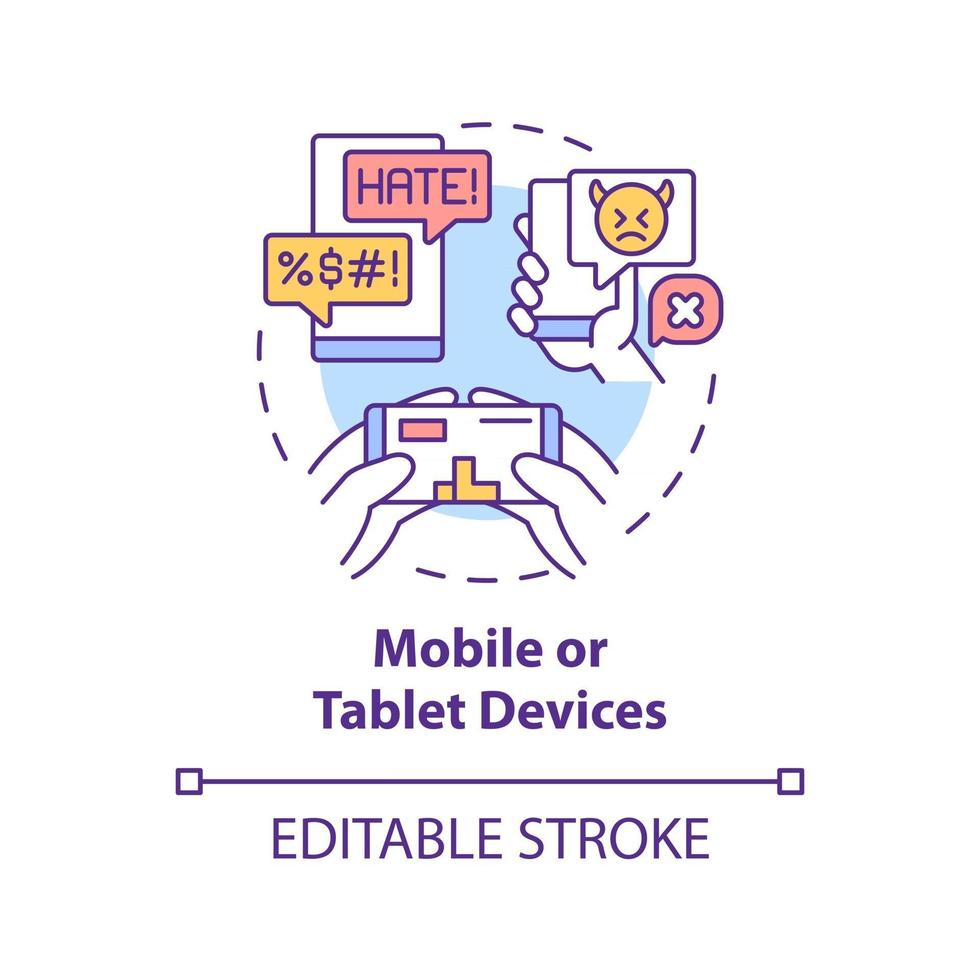 ícone do conceito de dispositivos móveis e tablets. Ilustração de linha fina de ideia de canal de cyberbullying. assédio por meio de telefones e computadores. desenho de cor rgb de contorno isolado de vetor. curso editável vetor