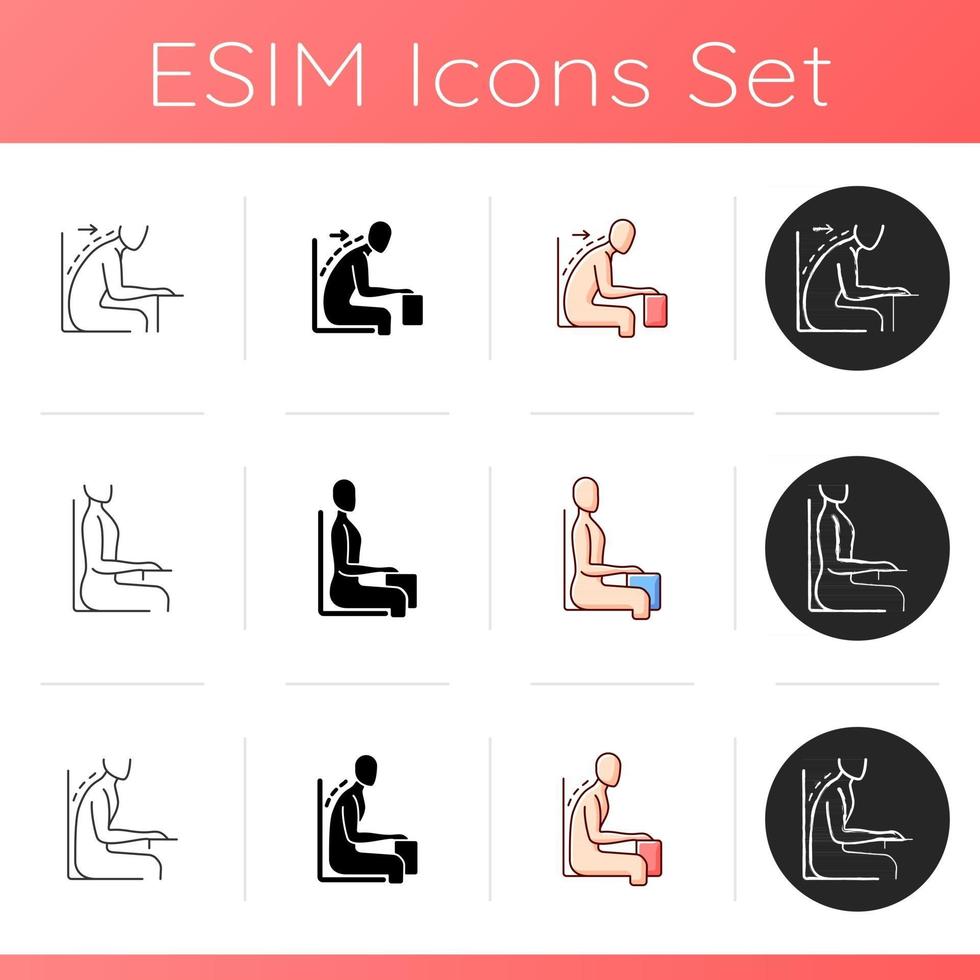 conjunto de ícones de disfunção postural. ombros arredondados e postura curvada. sentado na mesa corretamente. sofrendo de dores nas costas. estilos de cor linear, preto e rgb. ilustrações vetoriais isoladas vetor