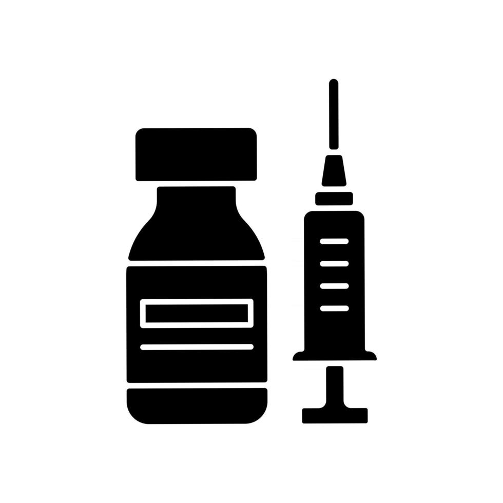 ícone de glifo preto de frasco de vacina. frasco com medicamento e seringa. remédio farmacêutico. medicamento para gripe. tratamento de doenças. assistência médica. símbolo da silhueta no espaço em branco. ilustração isolada do vetor