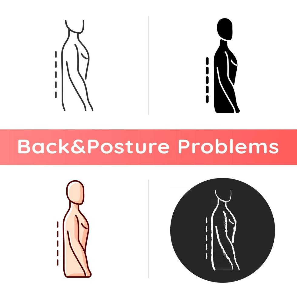 ícone da síndrome do flatback. perdendo a curvatura normal. coluna reta. afetando a postura e a marcha. doença degenerativa do disco. estilos de cor preta e rgb linear. ilustrações vetoriais isoladas vetor