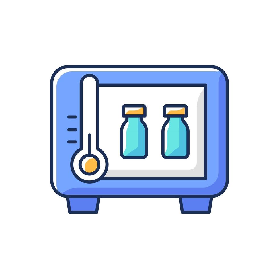 ícone de cor rgb de armazenamento de vacina. geladeira com frascos de drogas. armazenamento de suprimentos farmacêuticos. refrigerador com frascos médicos. farmácia e remédios. assistência médica. ilustração vetorial isolada vetor
