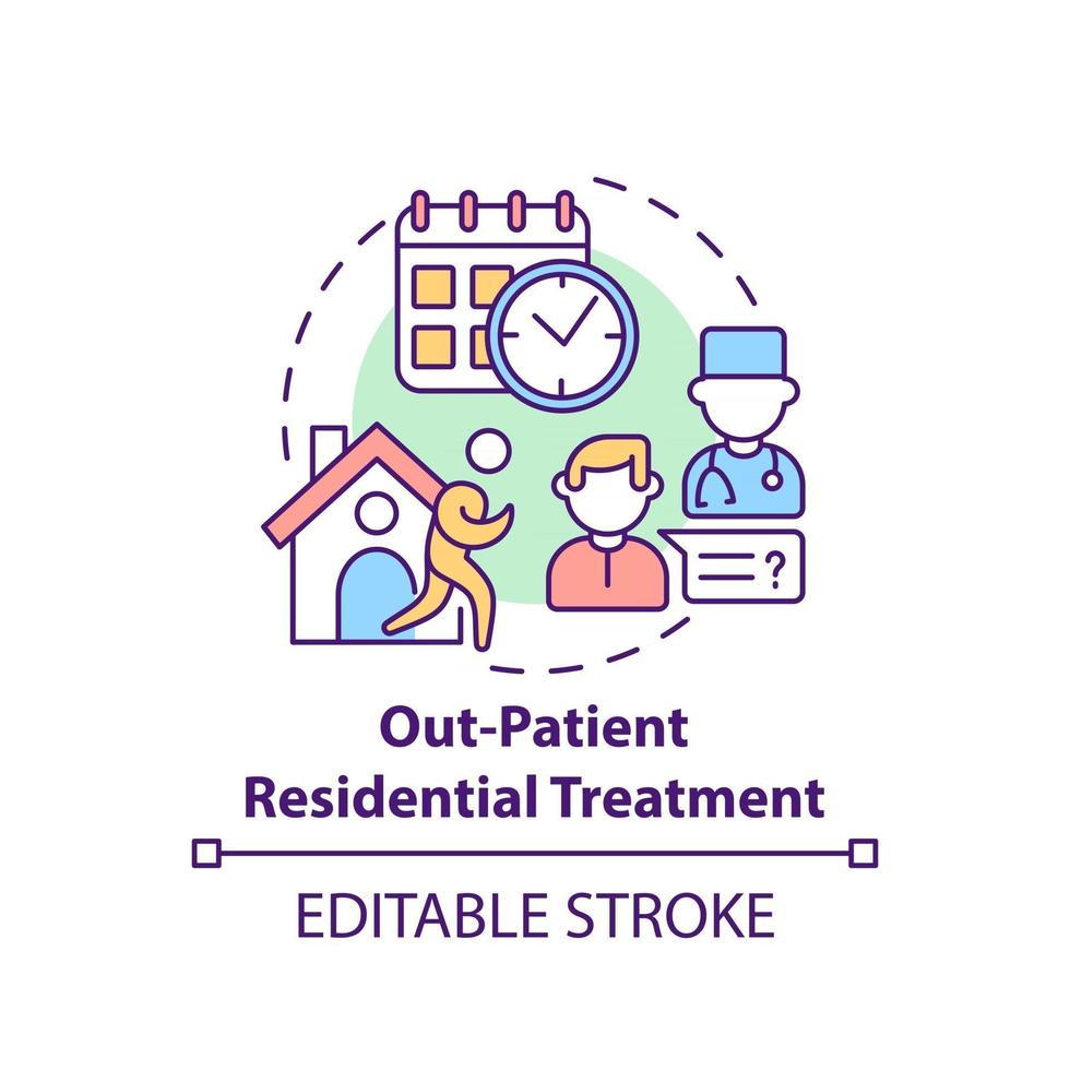 ícone do conceito de tratamento residencial de paciente. tipos de reabilitação. tratamento especial para doenças. pacientes abstraem idéia ilustração de linha fina. desenho de cor de contorno isolado vetor. curso editável vetor