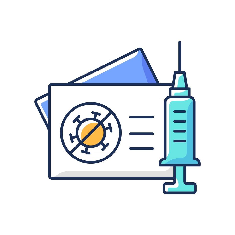 ícone de cor rgb do cartão de vacinação. certificado de imunização cobiçado. passe para turista vacinado. cuidados de saúde e medicina. documentos médicos. passe para imunização. ilustração vetorial isolada vetor