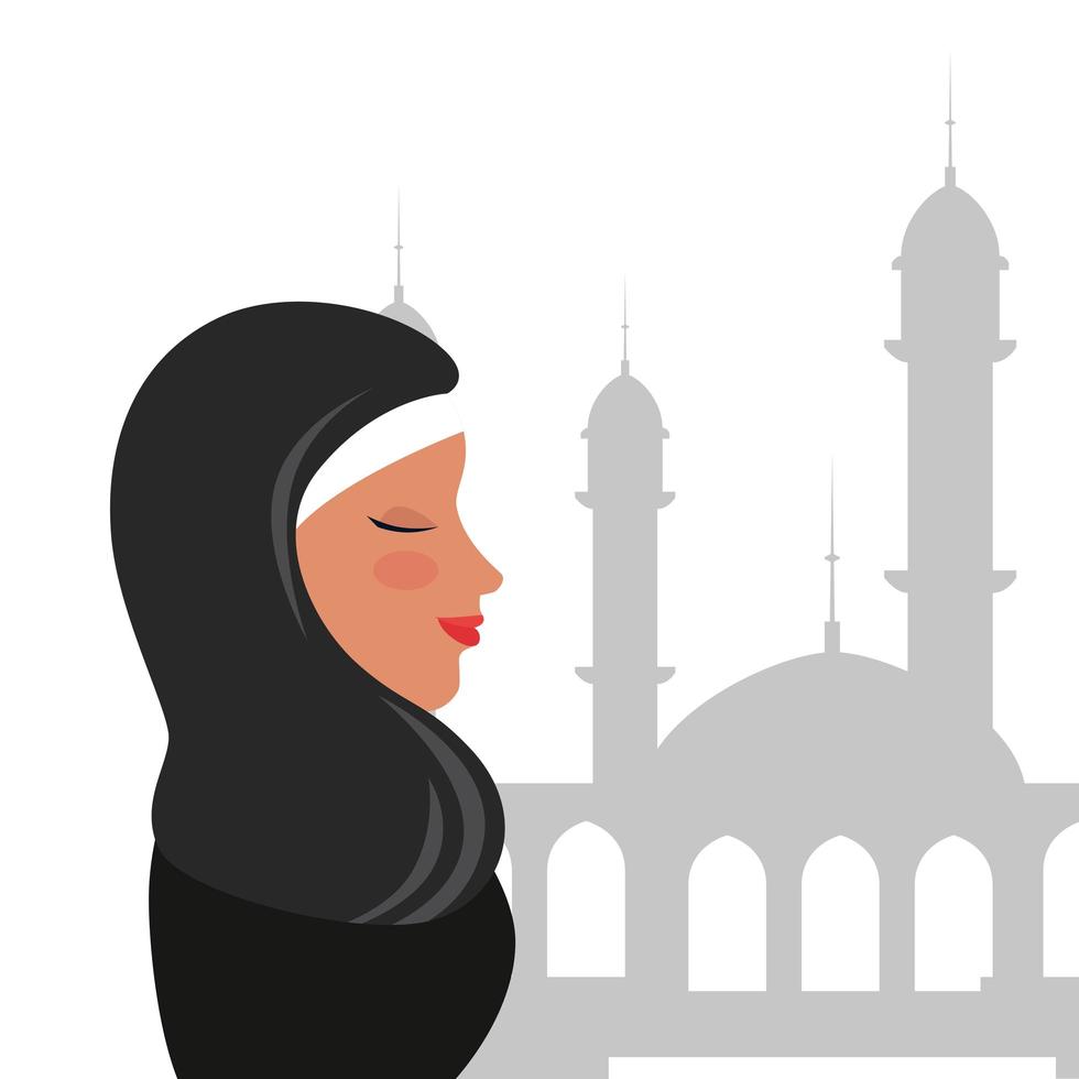 Perfil de mulher islâmica com burca tradicional na mesquita vetor