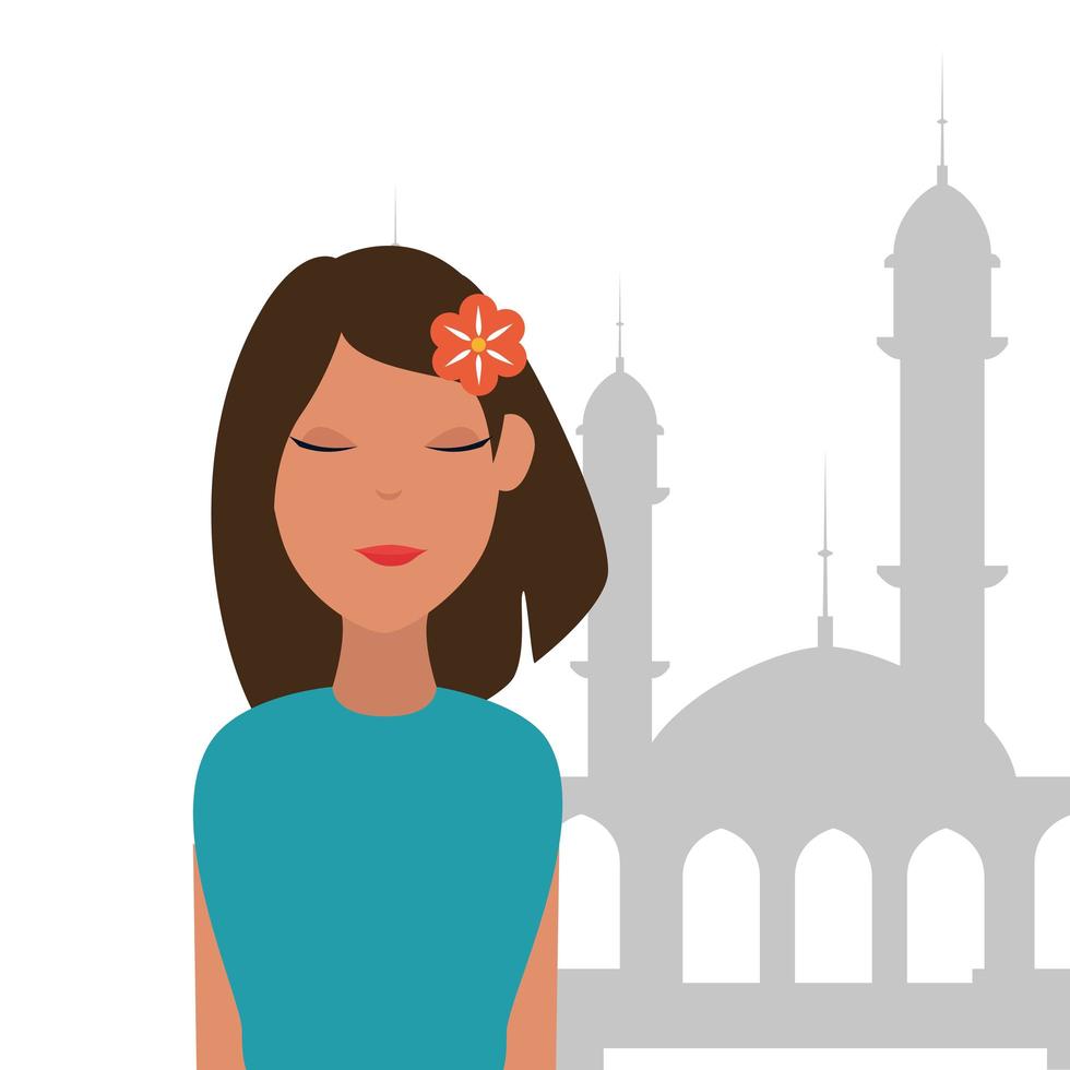 mulher islâmica com construção de mesquita vetor