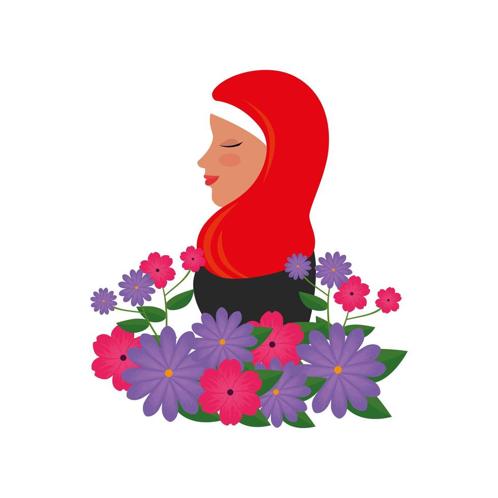 Perfil de mulher islâmica com burca tradicional e flores de jardim vetor