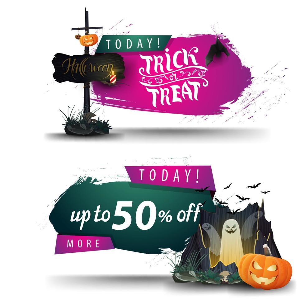 liquidação de halloween, dois banners de desconto na web para o seu negócio com placa de madeira velha, portal com fantasmas e jack de abóbora vetor