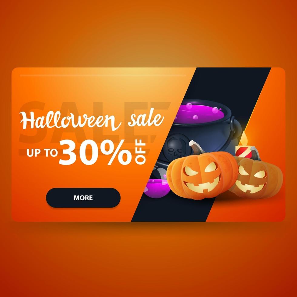 liquidação de halloween, banner laranja moderno de desconto com pote de bruxa e jack de abóbora vetor