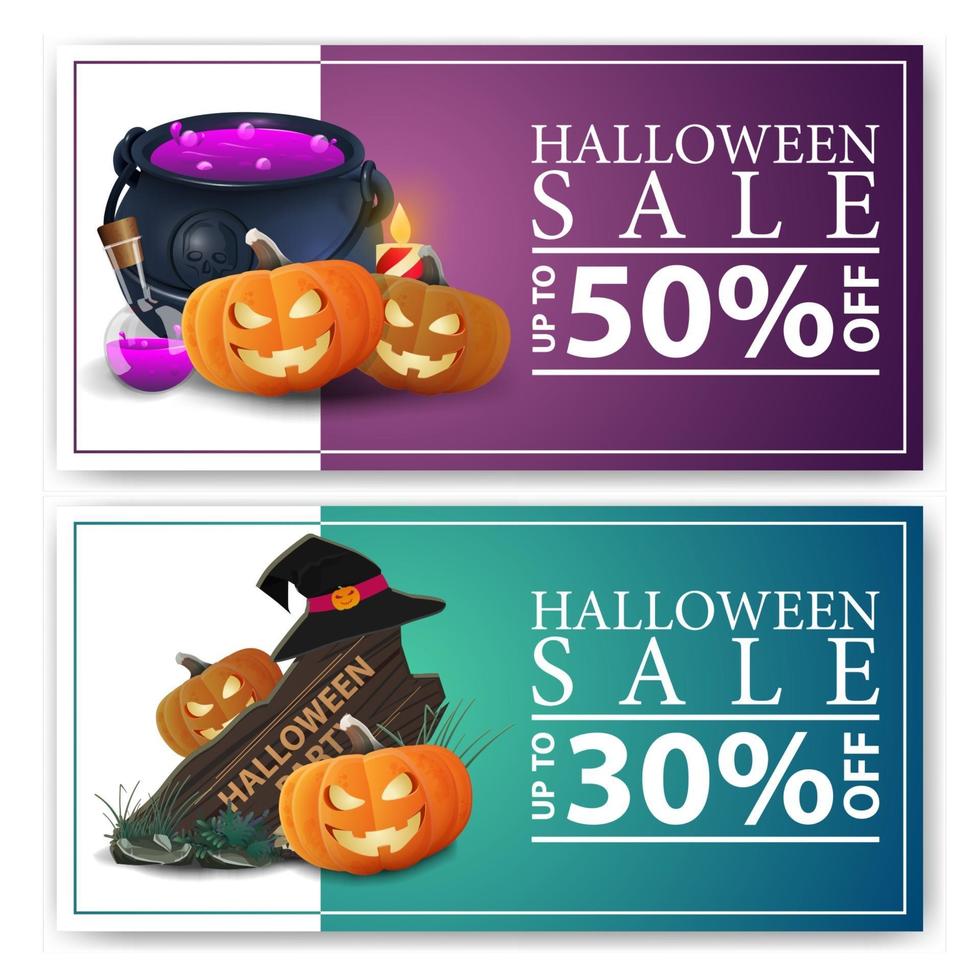 liquidação de halloween, dois banners de desconto com placa de madeira, chapéu de bruxa, pote de bruxa e jack de abóbora vetor