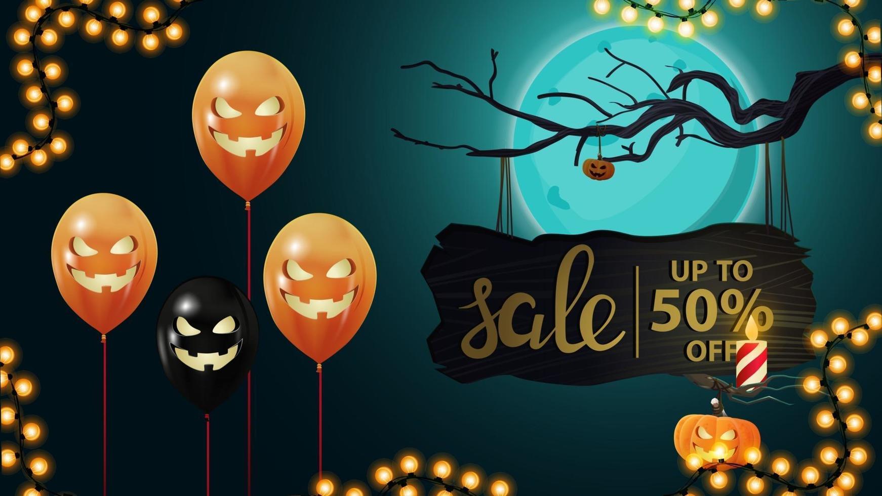 Venda de halloween, banner horizontal escuro de desconto com balões de halloween, placa de madeira com 50 de desconto na venda vetor