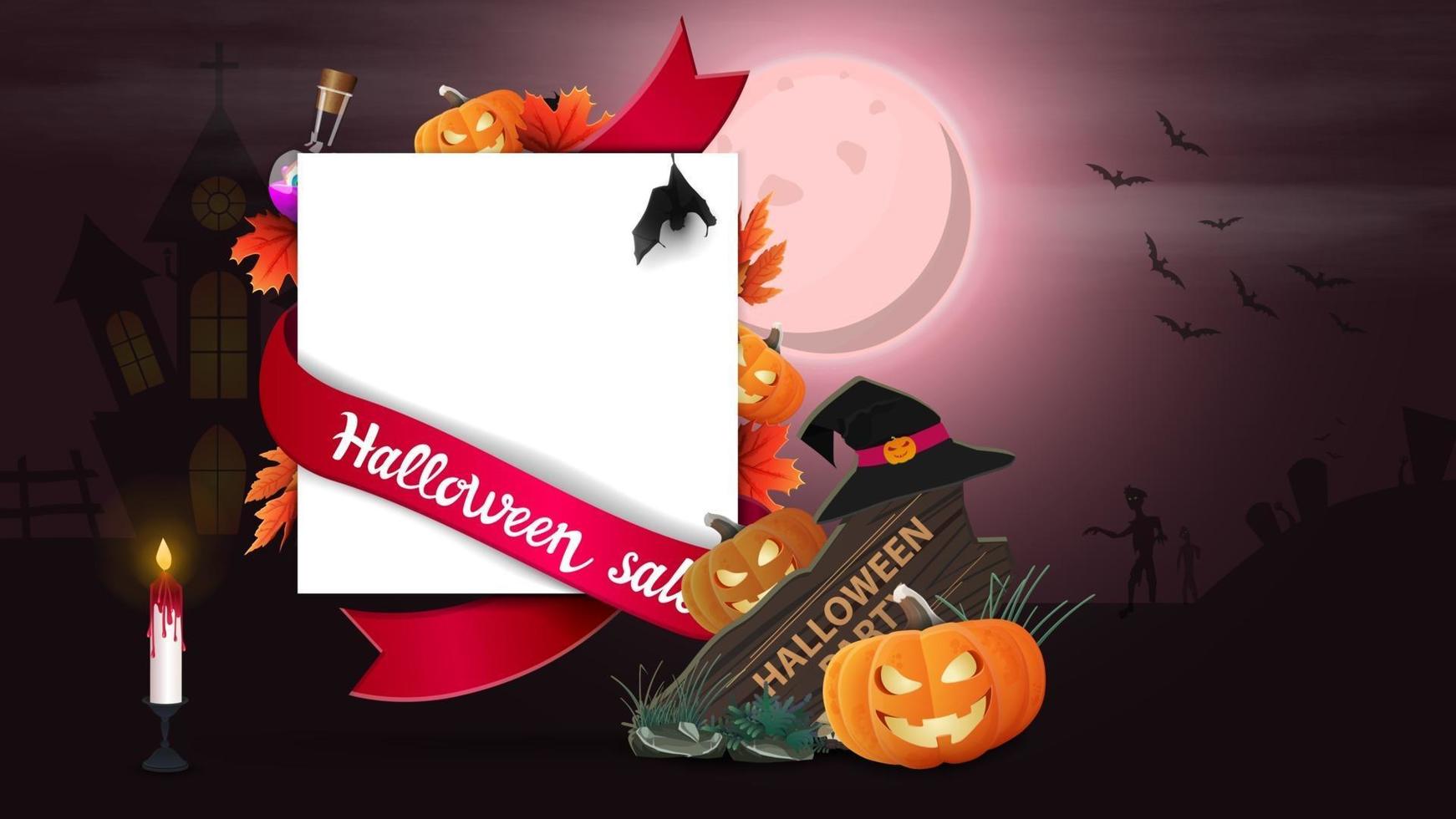 venda de halloween, modelo de banner de desconto na forma de uma folha de papel com decoração de halloween, placa de madeira, chapéu de bruxa e jack de abóbora vetor