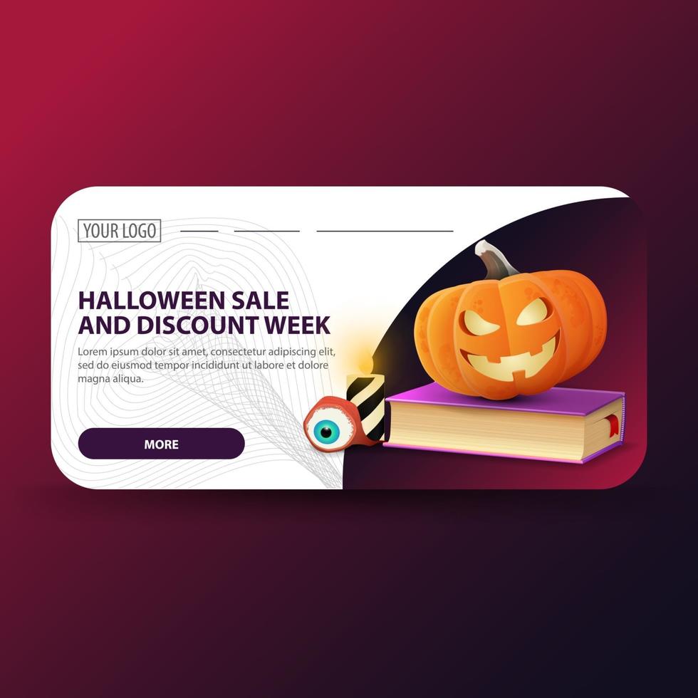 venda de halloween e semana de descontos, banner moderno da web com livro de feitiços e jack de abóbora vetor