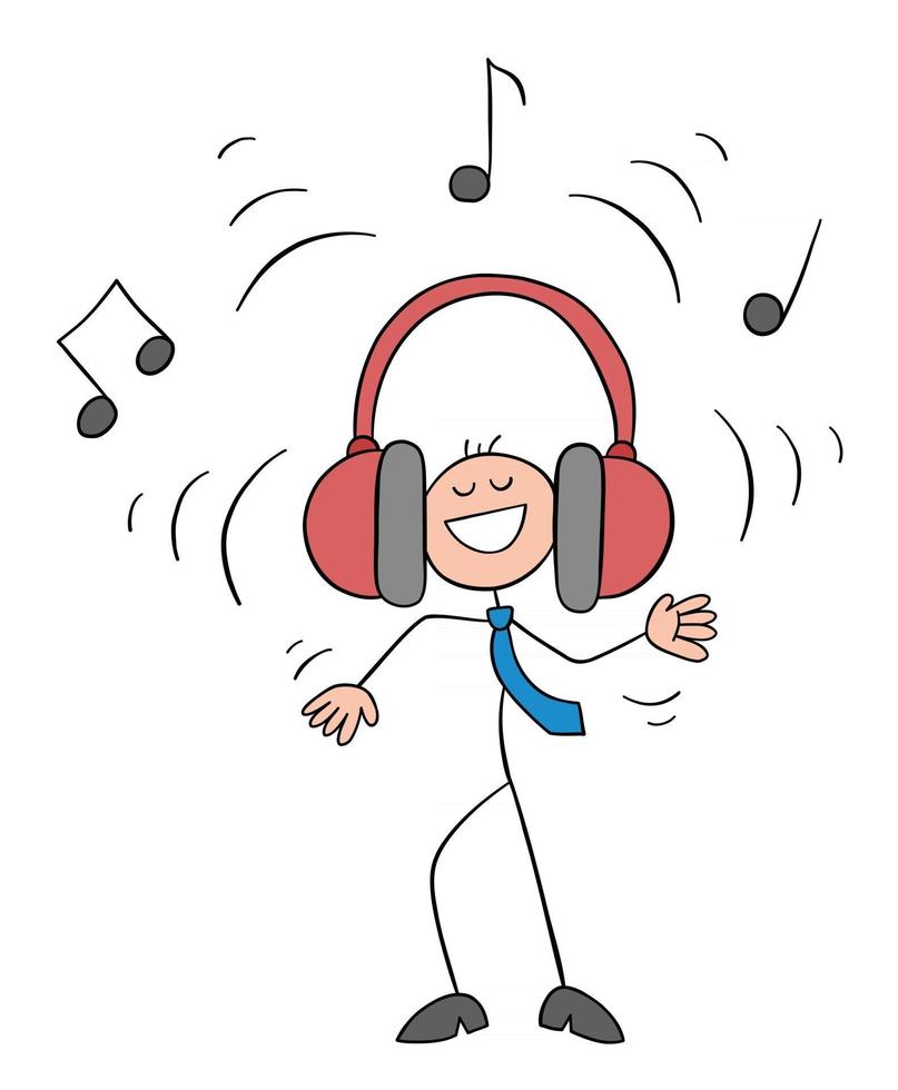 personagem de homem de negócios stickman ouvindo música alta com grandes fones de ouvido ilustração de desenho vetorial vetor