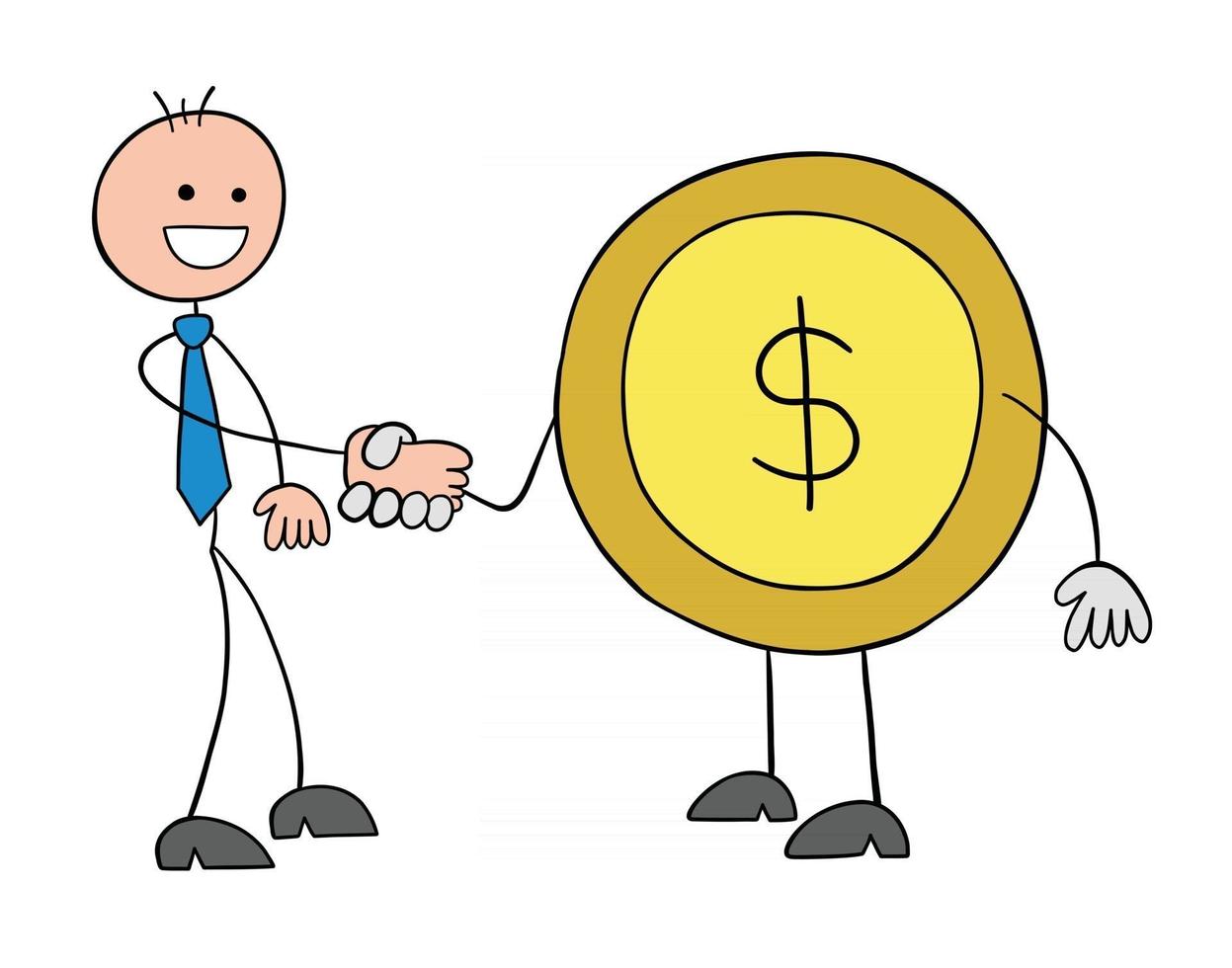 personagem de homem de negócios stickman apertando as mãos com ilustração de desenho vetorial de moeda de dólar vetor