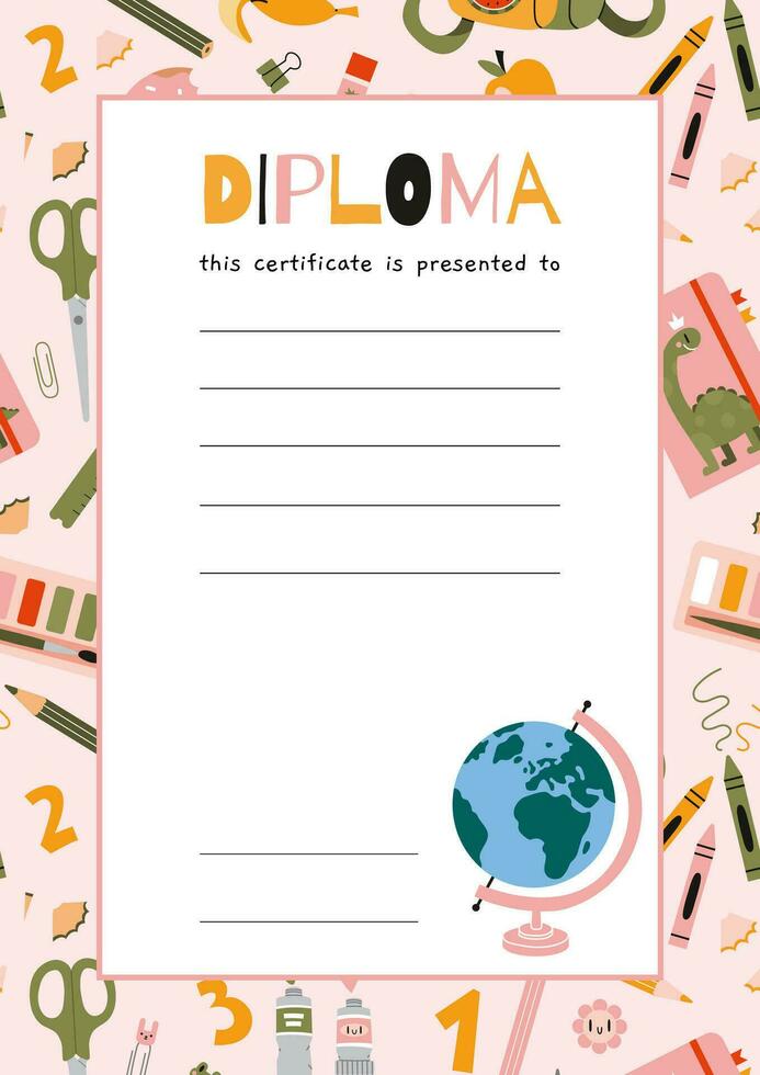 escola diploma certificado para crianças e alunos com papelaria e arte suprimentos, desenho animado estilo. fundo com Lugar, colocar para texto. na moda moderno vetor ilustração, mão retirou, plano