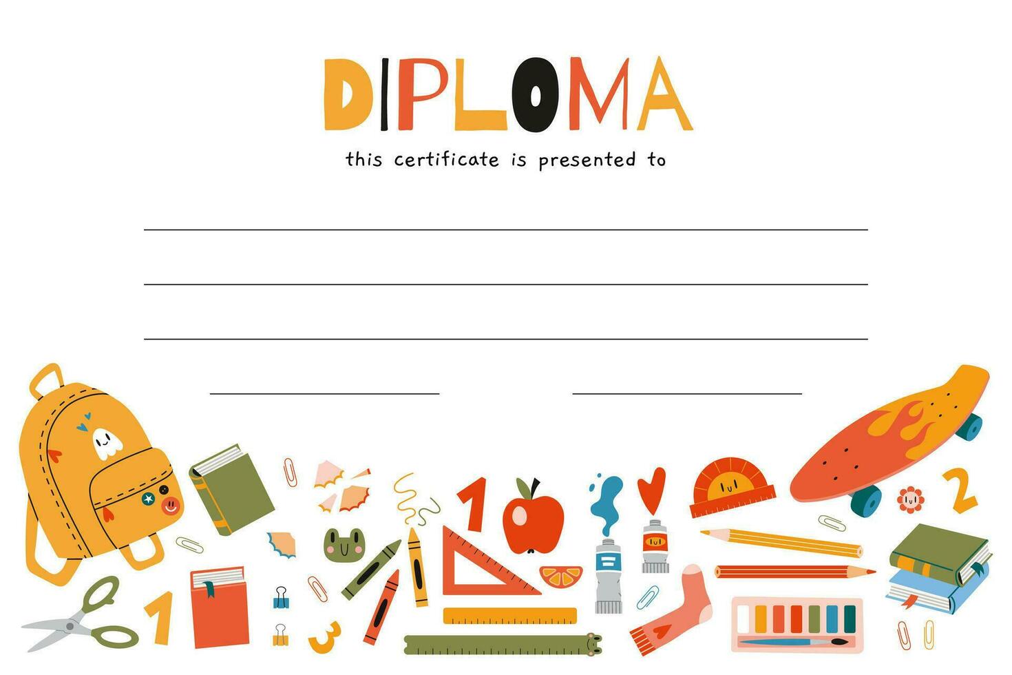 escola diploma certificado para crianças e alunos com papelaria e arte suprimentos, desenho animado estilo. fundo com Lugar, colocar para texto. na moda moderno vetor ilustração, mão retirou, plano