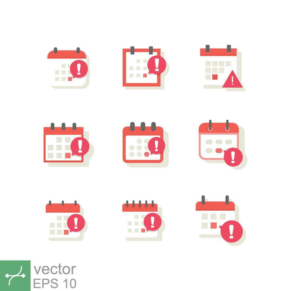 calendário data limite ícone definir. simples plano estilo. evento lembrete notificação, importante encontro alerta, perceber, agenda, o negócio conceito. vetor ilustração isolado em branco fundo. eps 10.