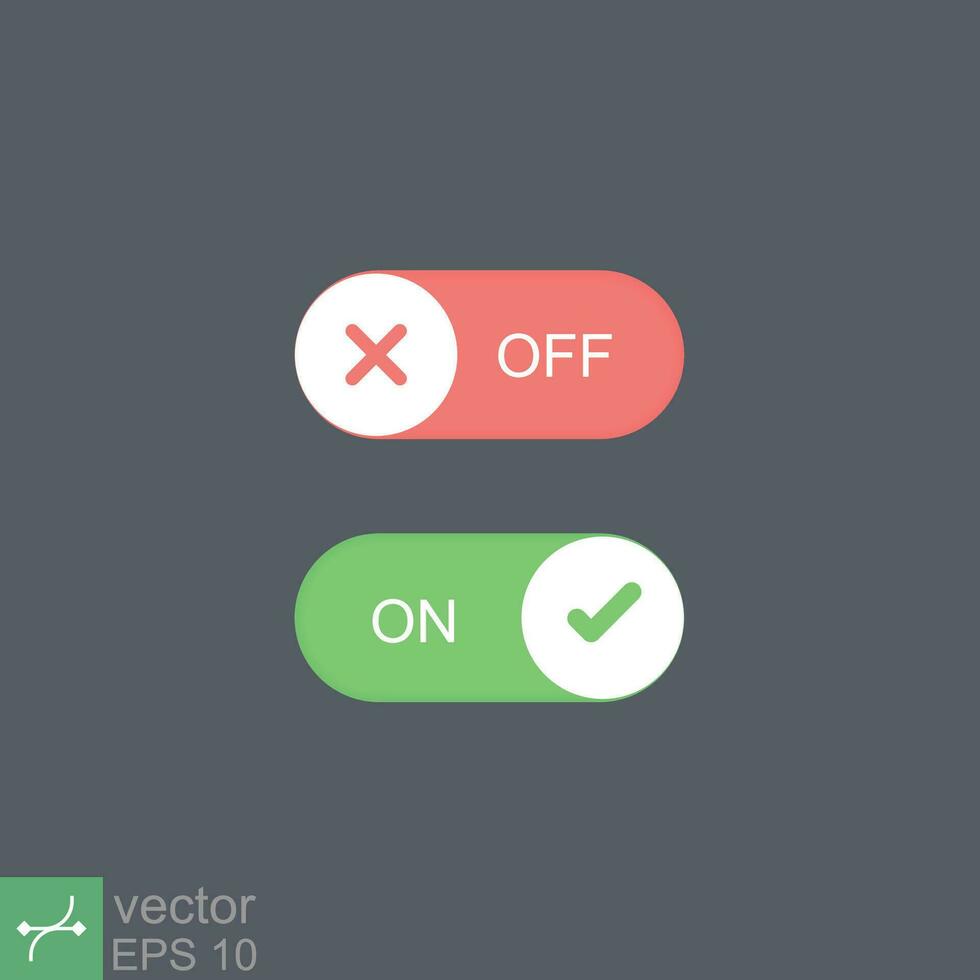 em e fora interruptor plano estilo. Sombrio e luz modo interruptor para telefone telas, comprimidos e computador. alternancia elemento para Móvel aplicativo, rede projeto, animação. luz e Sombrio botões. vetor eps 10.