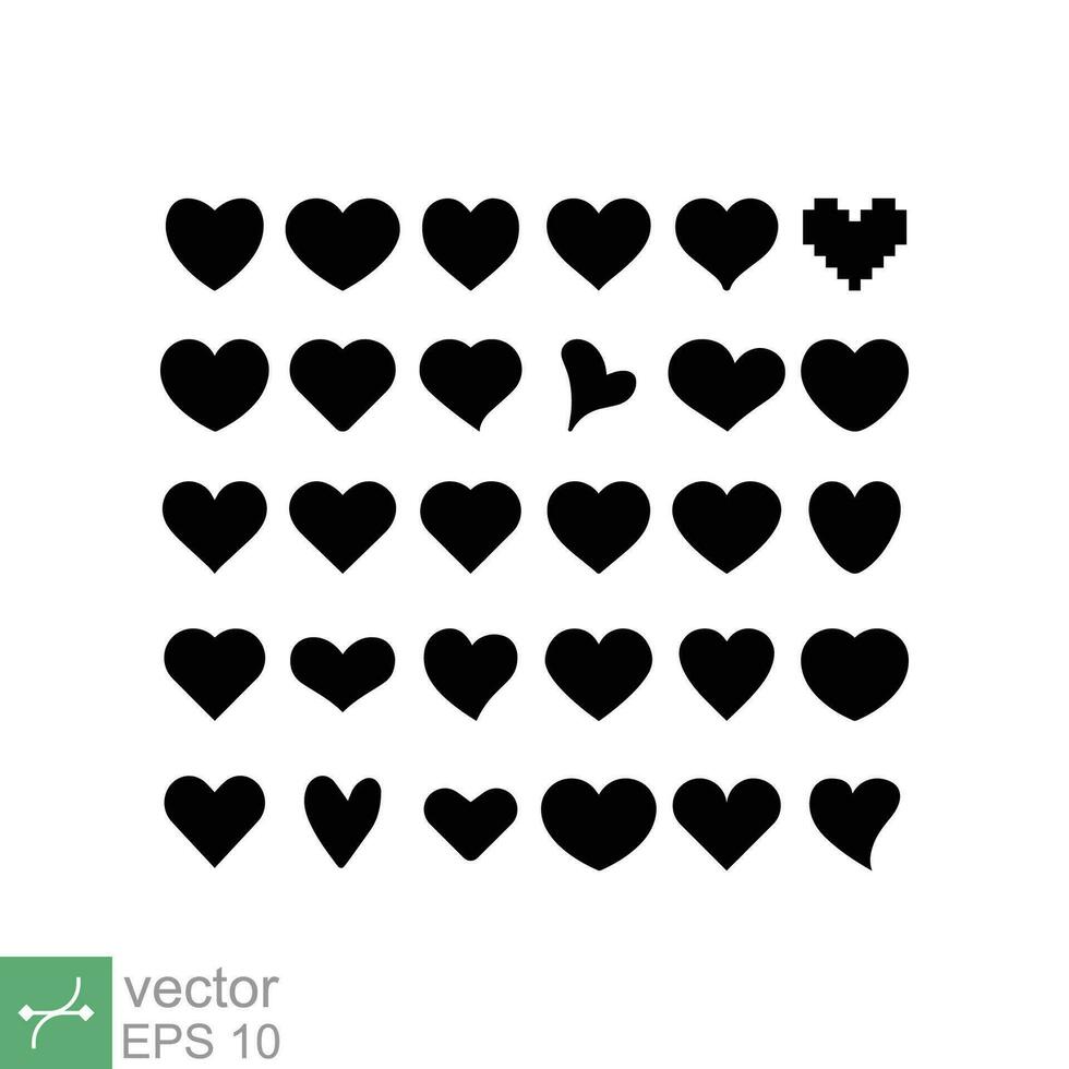 Preto silhueta coração ícone definir. simples plano estilo. diferente formas retro abstrato romântico amor gráfico Projeto coleção. vetor ilustração isolado em branco fundo. eps 10.