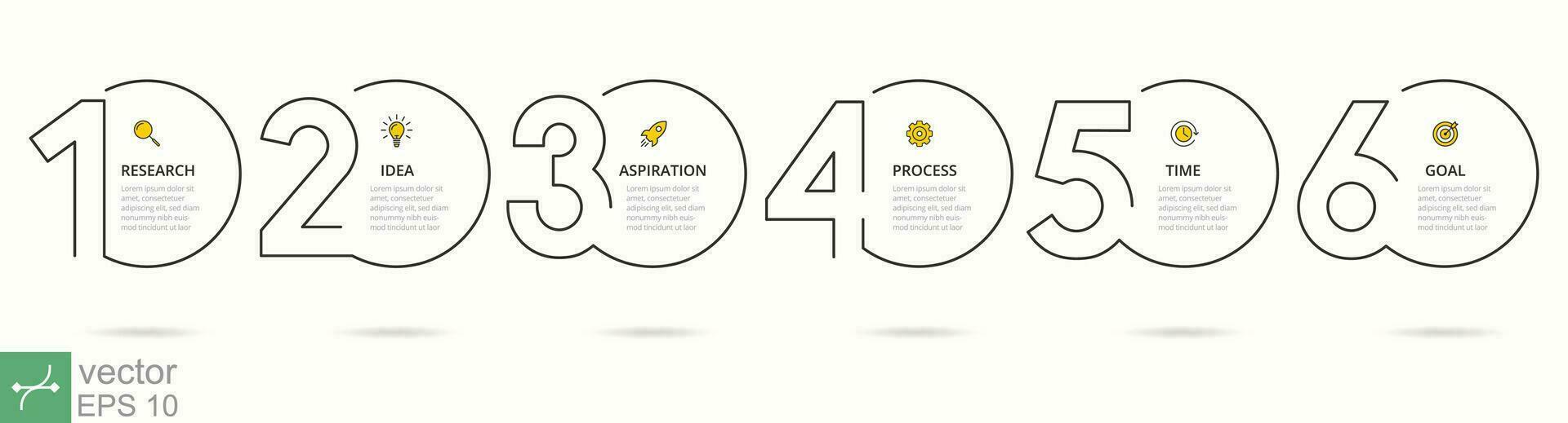 infográfico com números 6 passos ou opções, círculo forma Projeto modelo com ícones. fluxo gráfico, processo diagrama, apresentações, o negócio Linha do tempo. fino linha vetor ilustração eps 10.