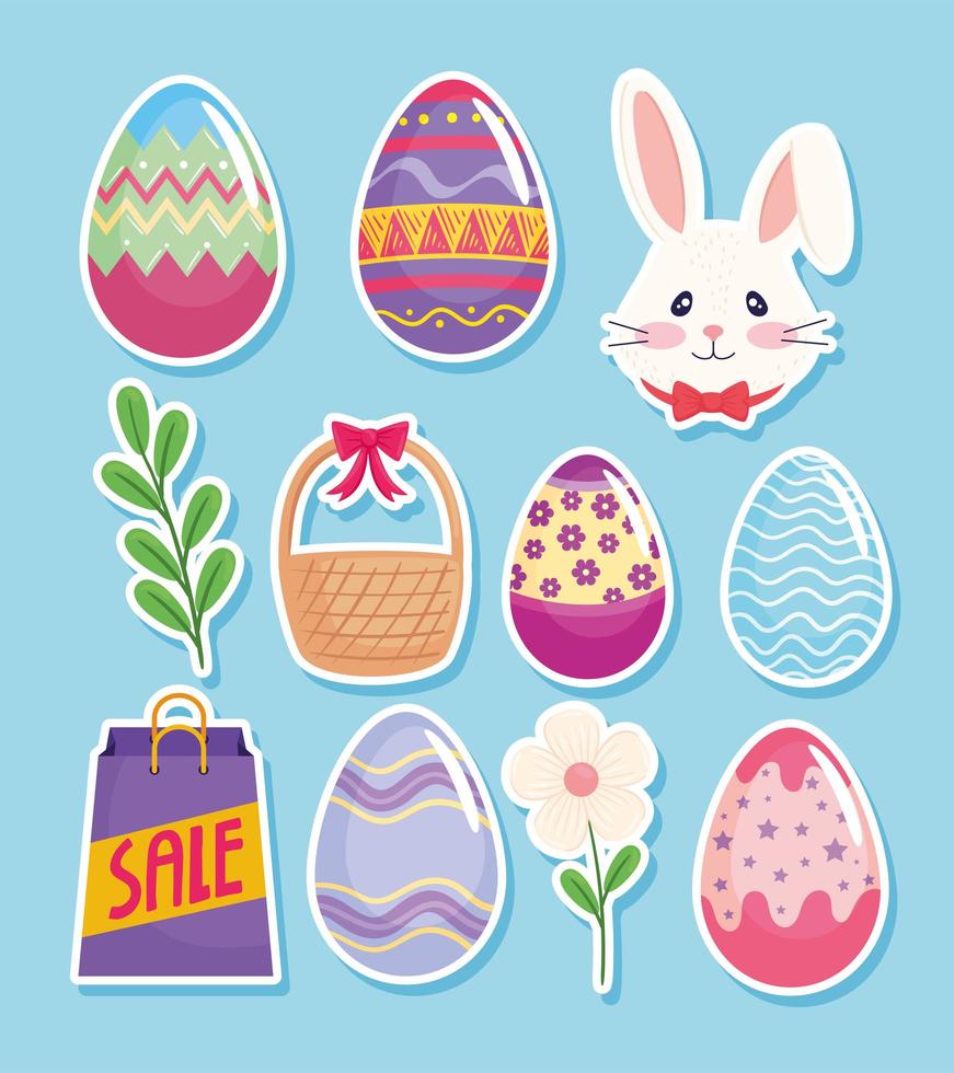 Feliz Páscoa cartão com ovos pintados e conjunto de ícones vetor