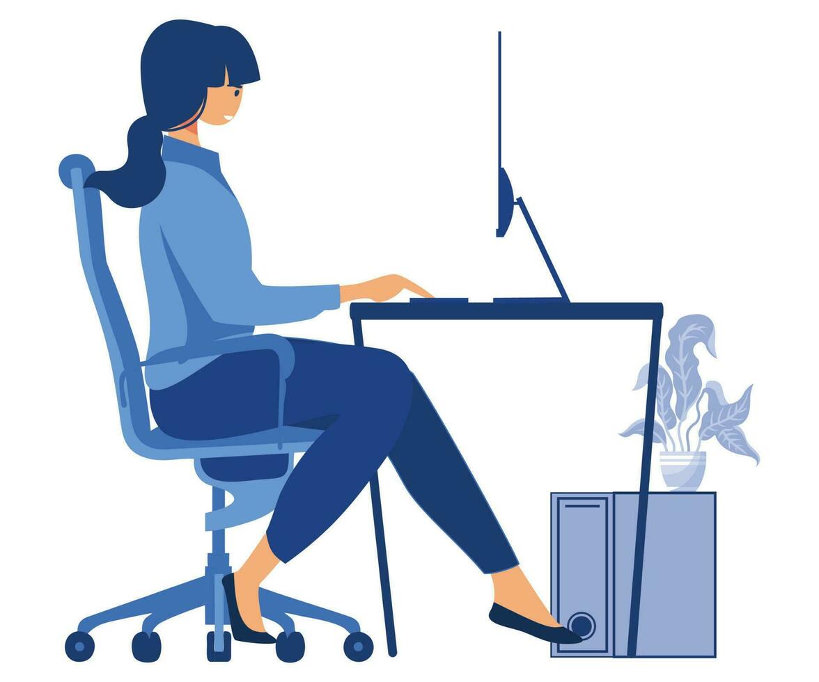 corrigir Boa posição postura para sentado às computador mesa, pescoço poses do mulher às ambiente de trabalho, plano vetor moderno ilustração