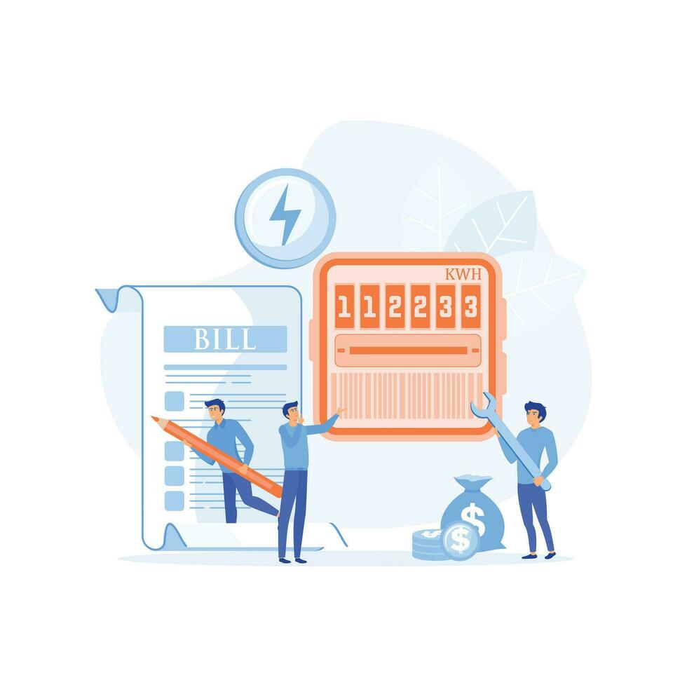 Utilitário contas pagamento. eletricidade consumo despesas. técnico reparar, metro instalação, energia economizando. plano vetor moderno ilustração