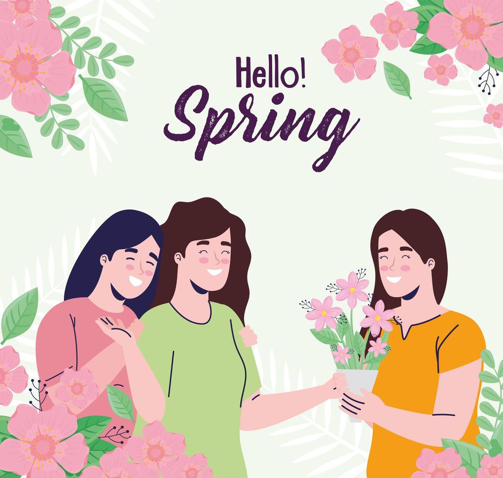 cartão de letras da temporada de primavera com meninas e moldura floral vetor