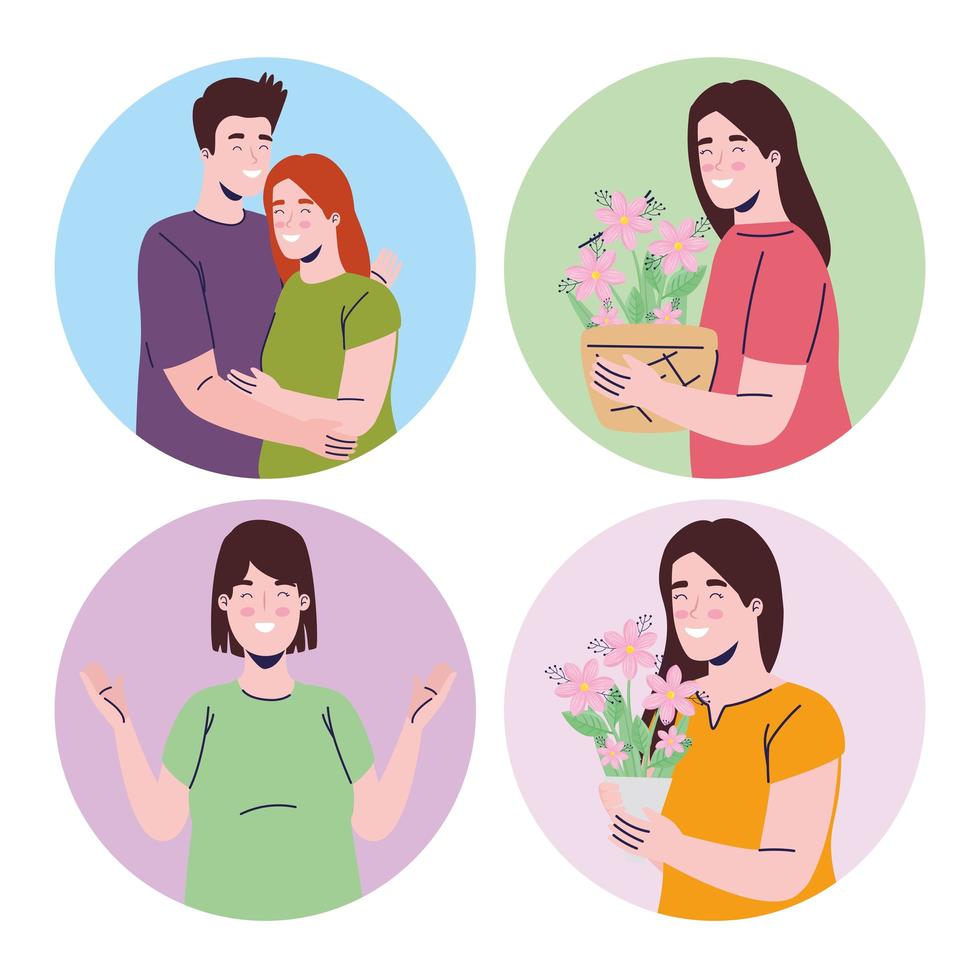 grupo de meninas com flores da primavera e personagens de casal vetor