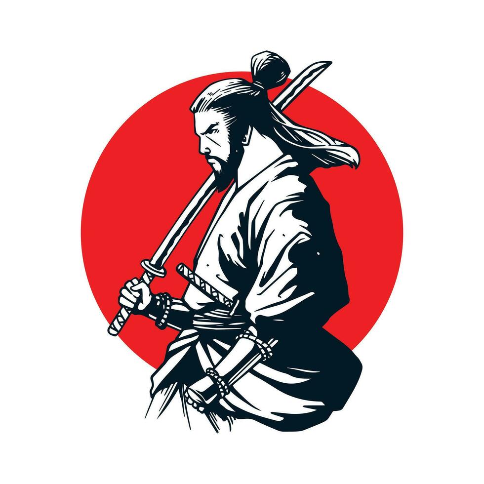 guerreiro samurai com sol vermelho vetor