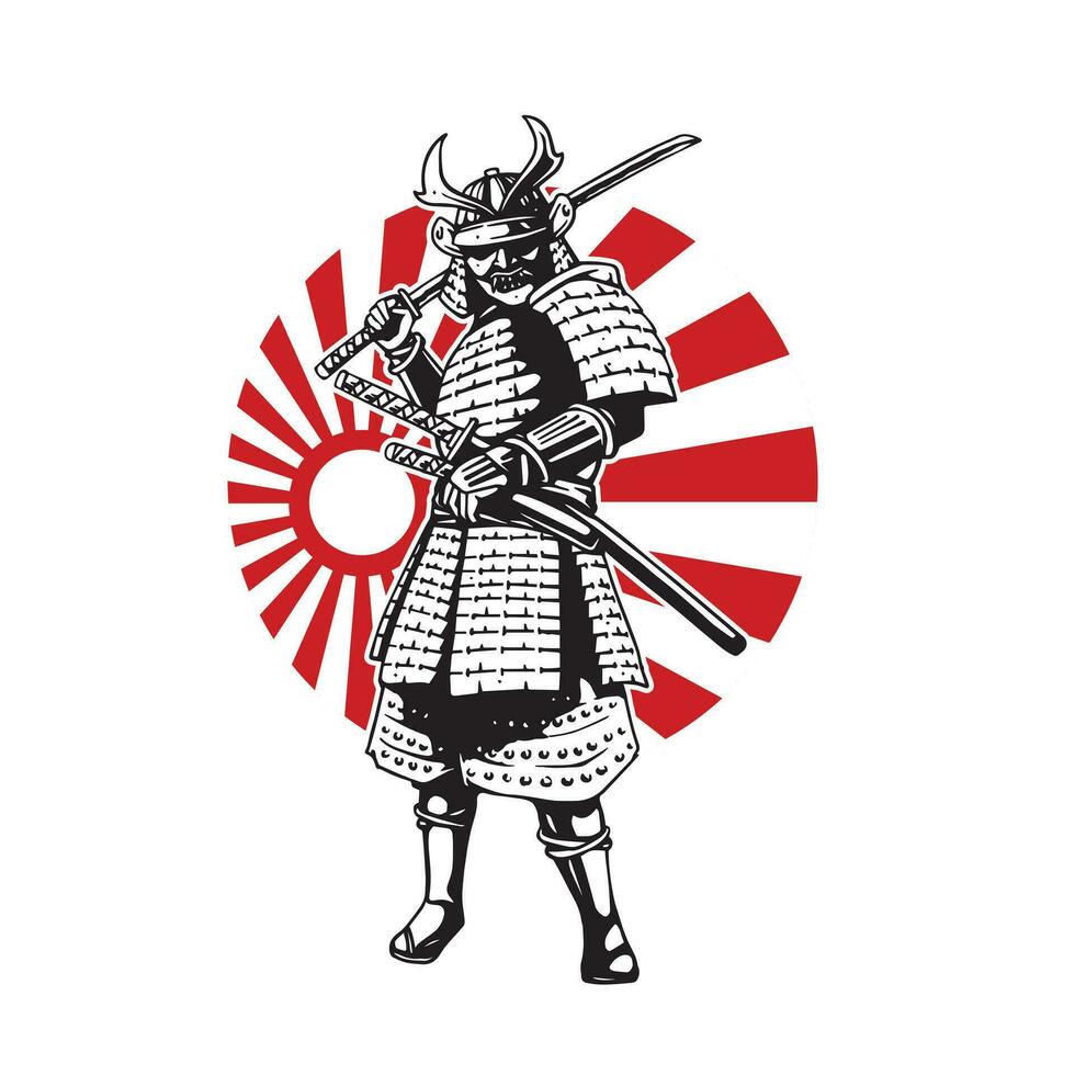 guerreiro samurai com sol vermelho vetor