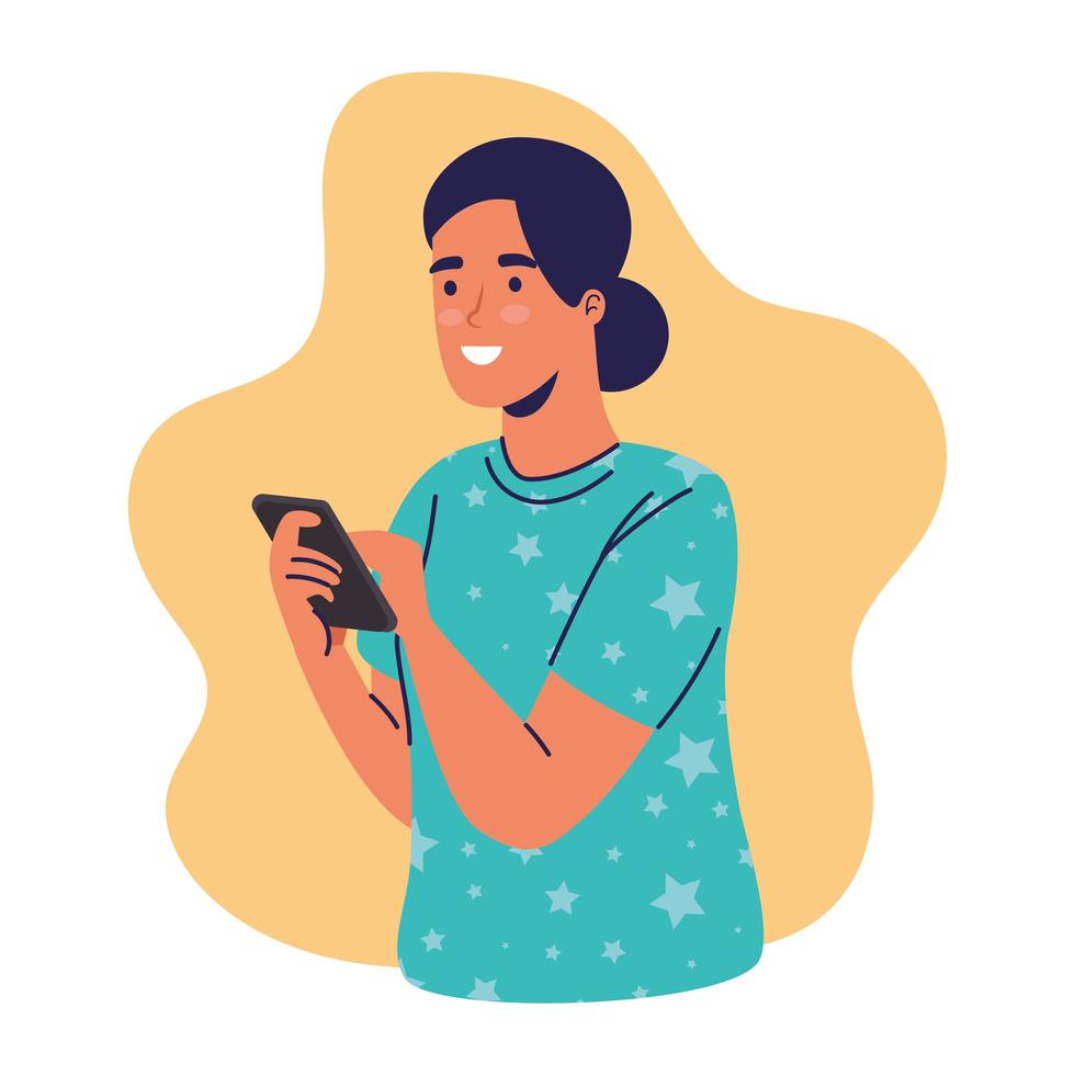 mulher usando smartphone conversando com personagem vetor