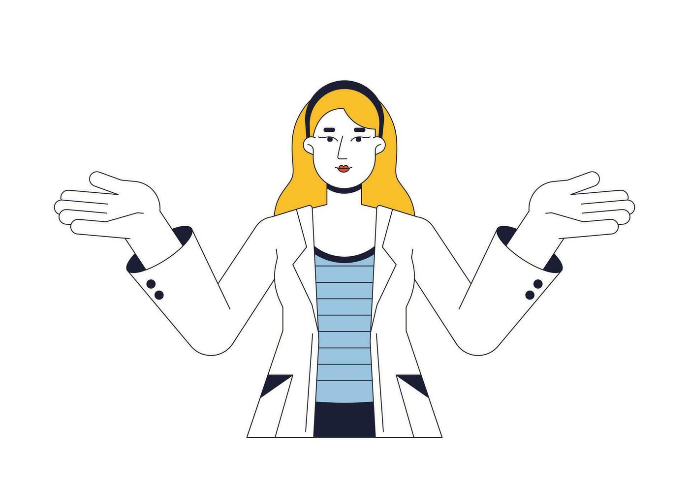 feliz mulher dentro laboratório casaco confuso encolhendo os ombros plano linha cor vetor personagem. fêmea cientista. editável esboço cheio corpo pessoa em branco. simples desenho animado local ilustração para rede gráfico Projeto