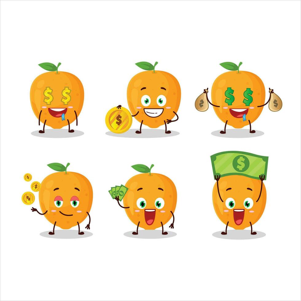 laranja fruta desenho animado personagem com fofa emoticon trazer dinheiro vetor