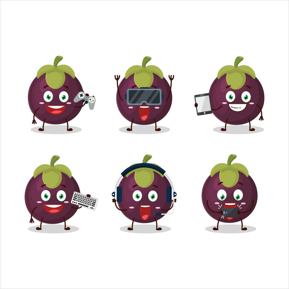 mangostão desenho animado personagem estão jogando jogos com vários fofa emoticons vetor