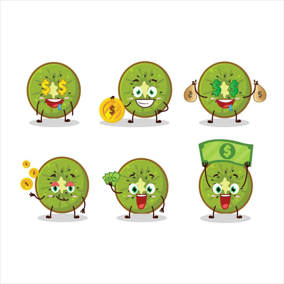 fatia do kiwi desenho animado personagem com fofa emoticon trazer dinheiro vetor