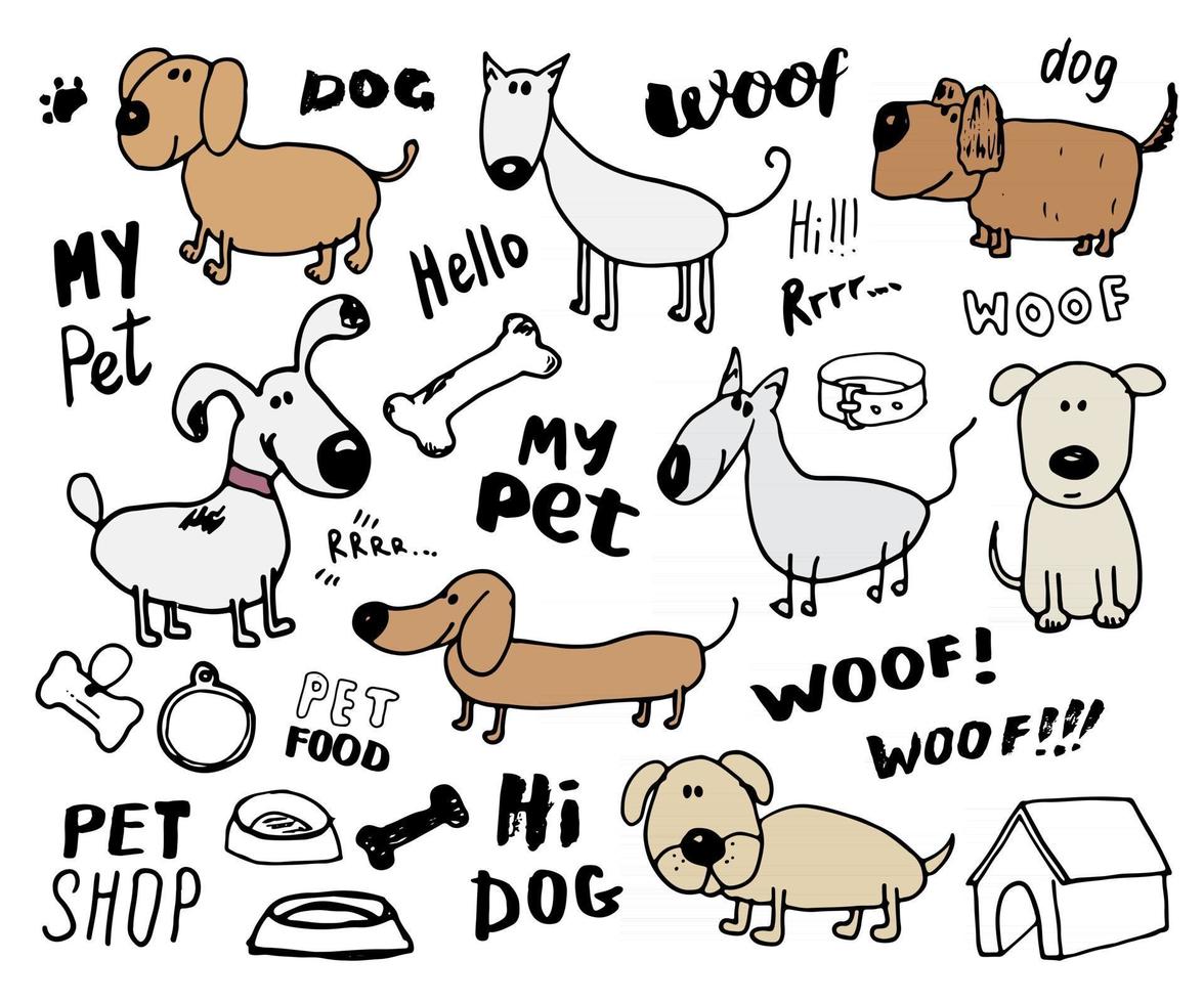 cães engraçados doodle conjunto. ilustração em vetor desenho desenhado à mão coleção de animais de estimação
