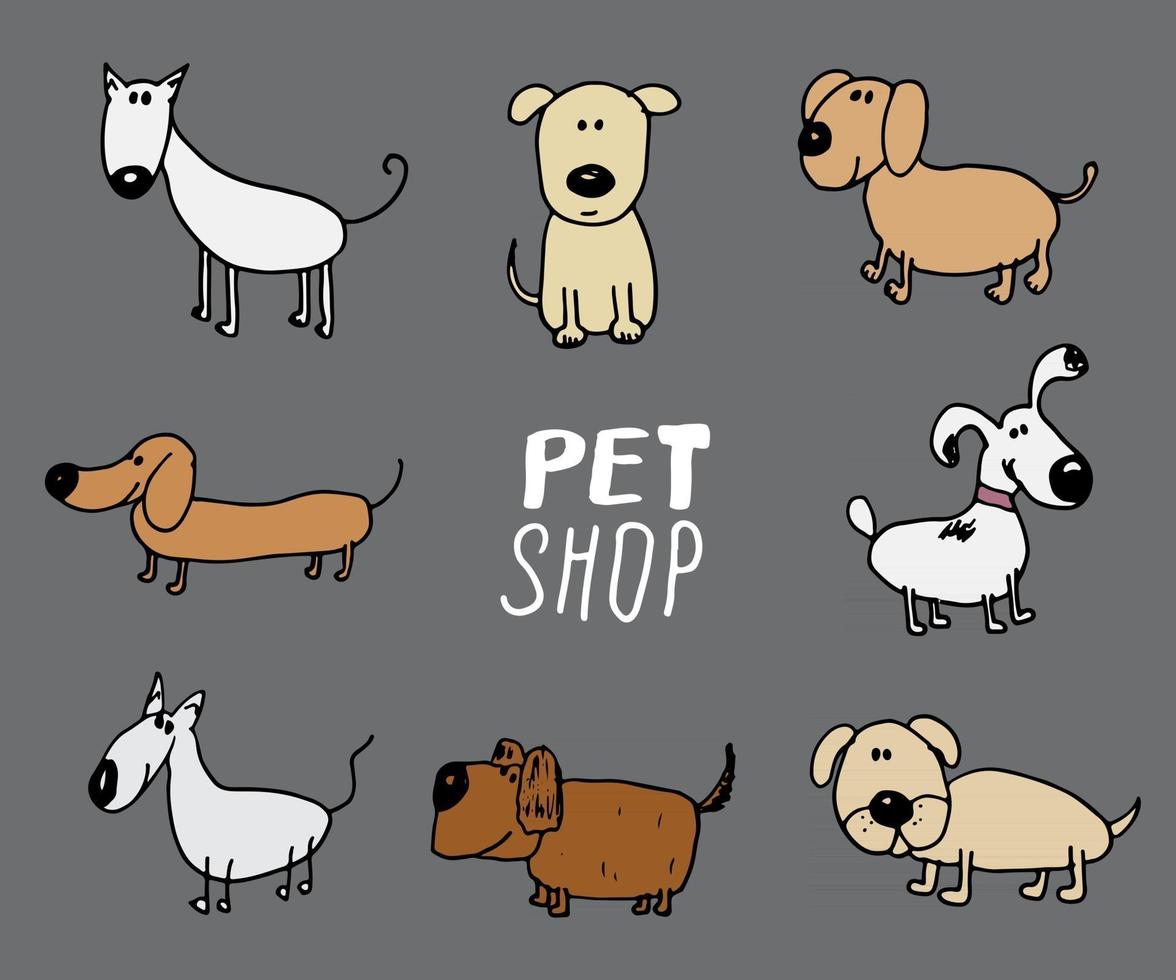 cães engraçados doodle conjunto. ilustração em vetor desenho desenhado à mão coleção de animais de estimação