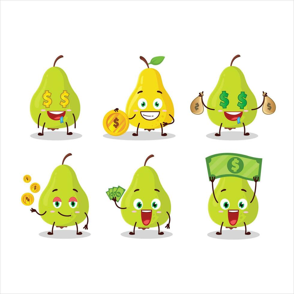 verde pera desenho animado personagem com fofa emoticon trazer dinheiro vetor