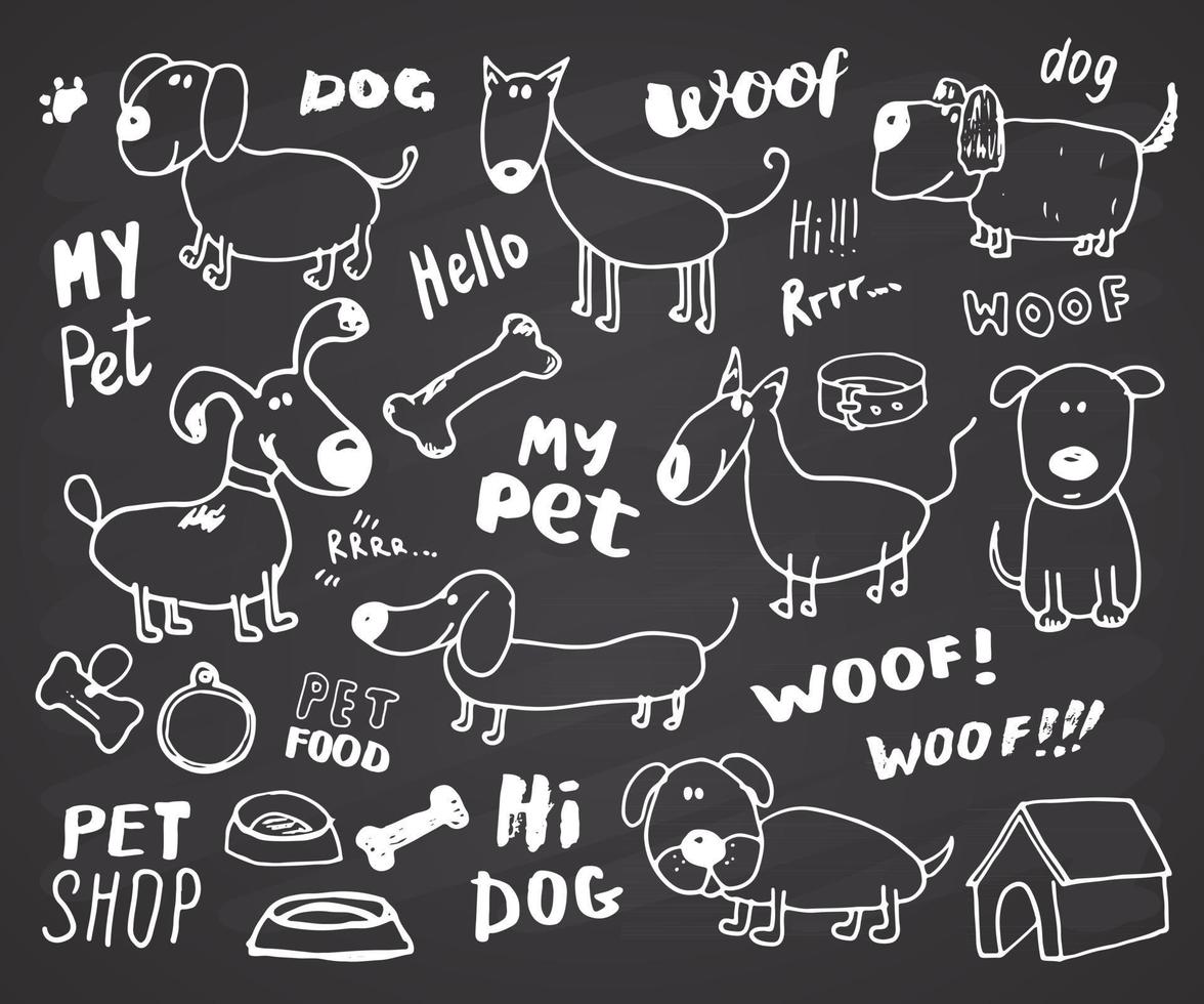 cães engraçados doodle conjunto. ilustração em vetor desenho desenhado à mão coleção de animais de estimação