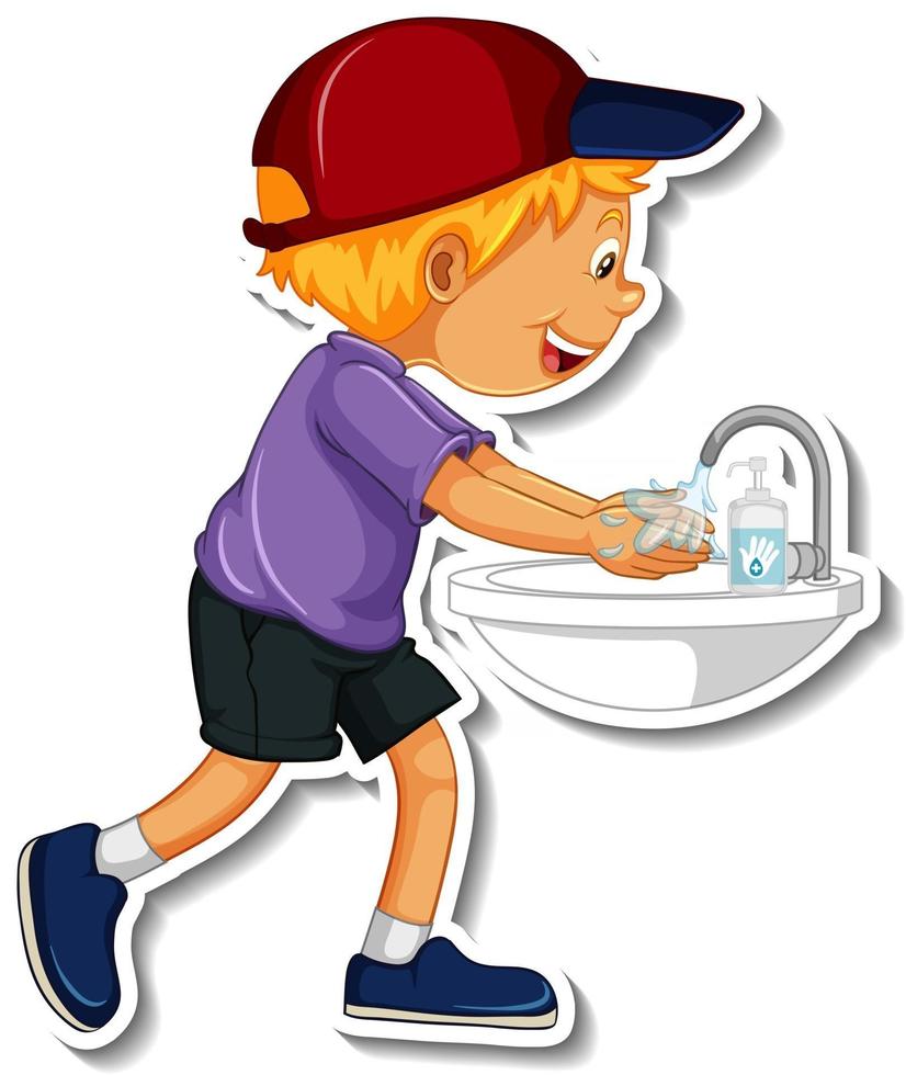 um modelo de adesivo com um menino lavando as mãos vetor